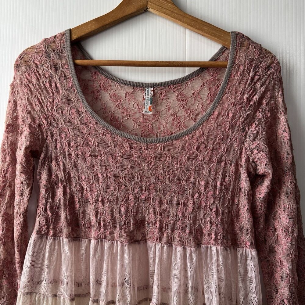 Free People Women XS Pink Lace Tiered Babydoll Tunic Top Boho Fairy Y2K Romantic - Picture 6 of 16